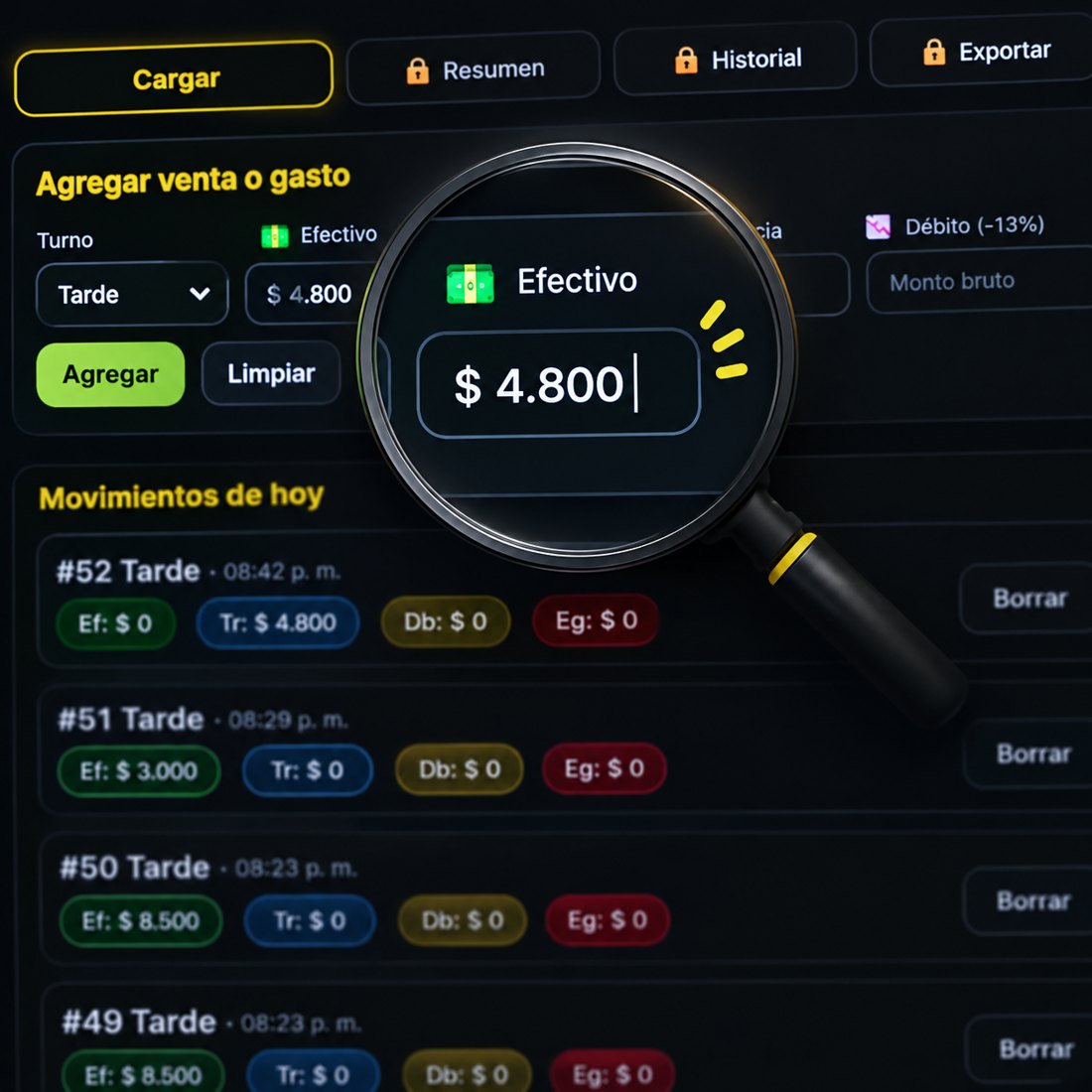 Pantalla real del Anotador Pro