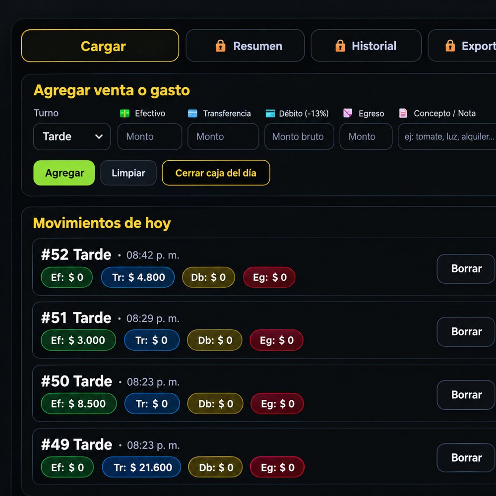 Pantalla de carga de ventas y gastos